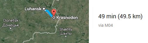 Distance between Luhansk city and Krasnodon