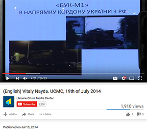 Screenshot from Vitaly Nayda's press conference showing Ukraine's own Buk and a frame from Luhansk video